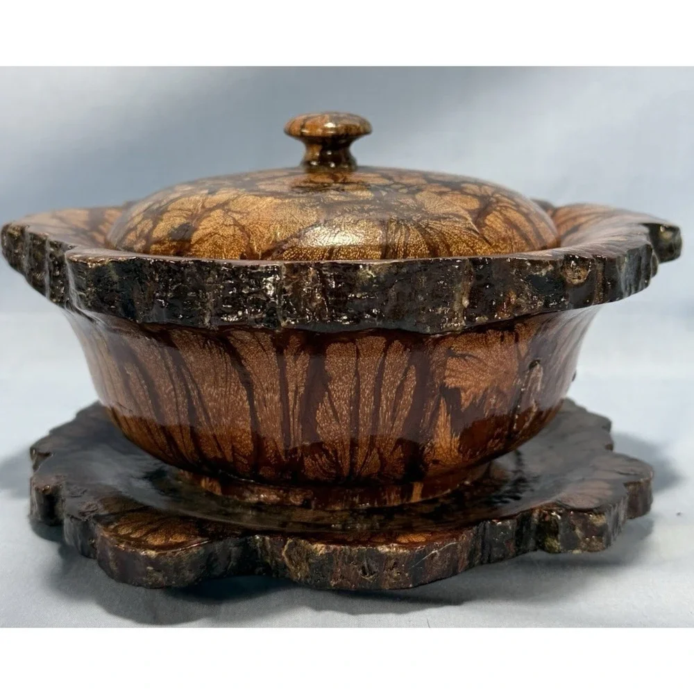 RARE Vintage 7 Piece Chrysanthemum Wood Bowl w/ Lid,‎ Plate and 4 Coasters